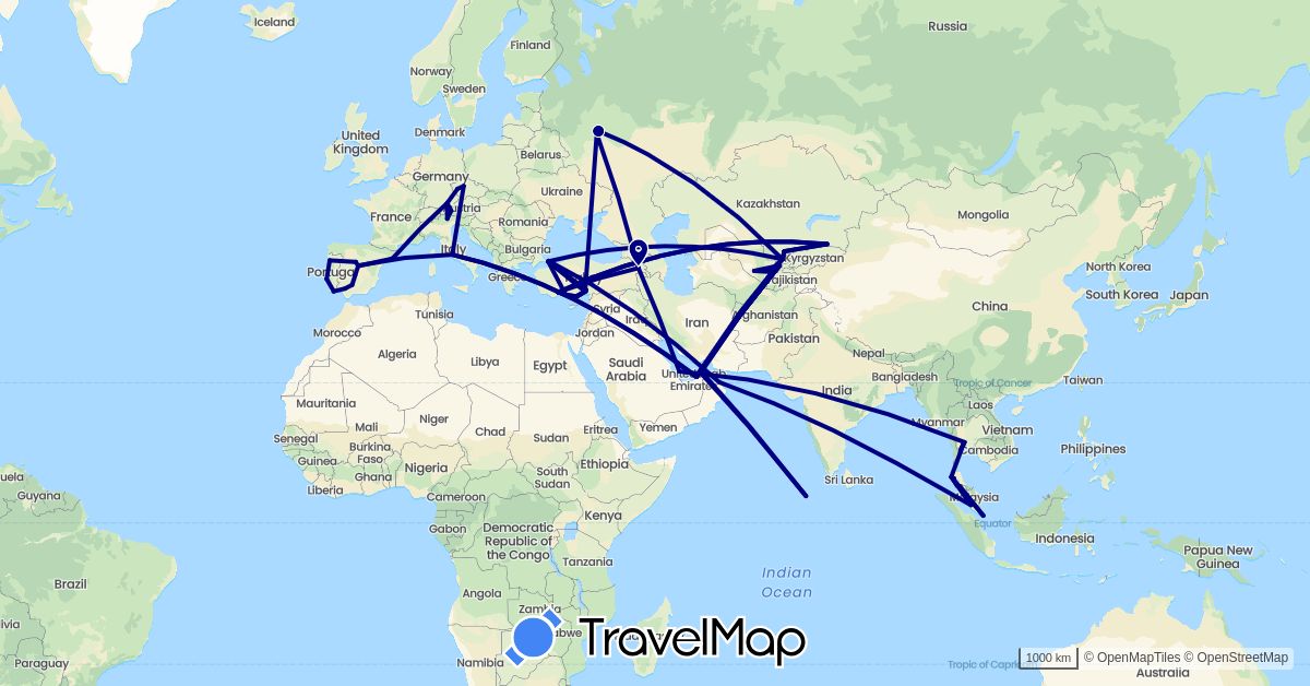 TravelMap itinerary: driving in United Arab Emirates, Armenia, Austria, Czech Republic, Germany, Spain, Italy, Kazakhstan, Maldives, Malaysia, Oman, Portugal, Qatar, Russia, Singapore, Thailand, Turkey, Uzbekistan (Asia, Europe)